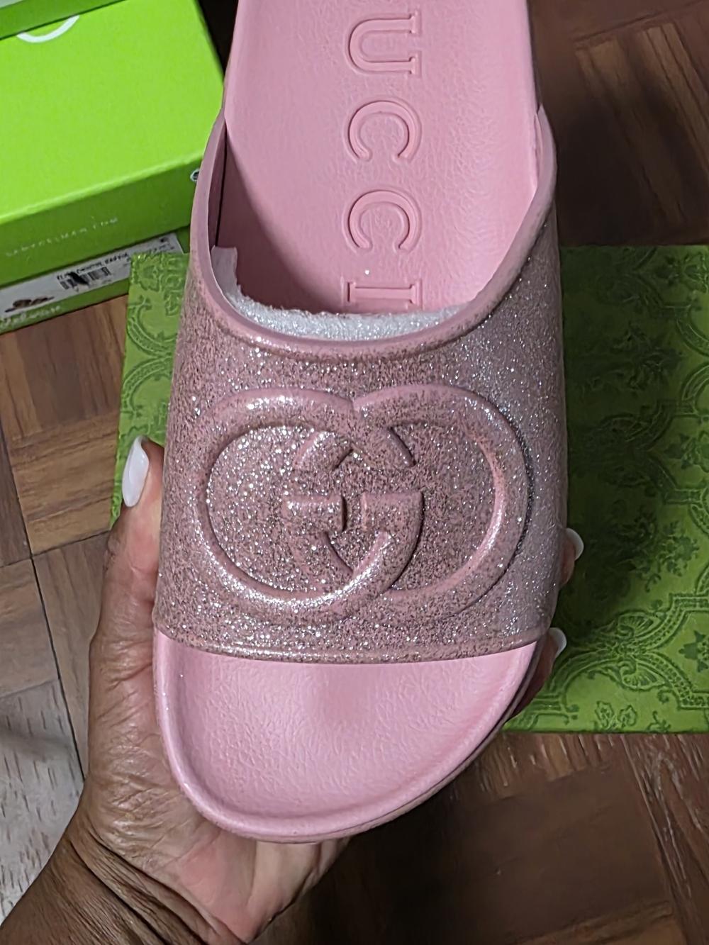 Gucci Pink Glitter Logo Slide Sandal - Picture 2 of 4